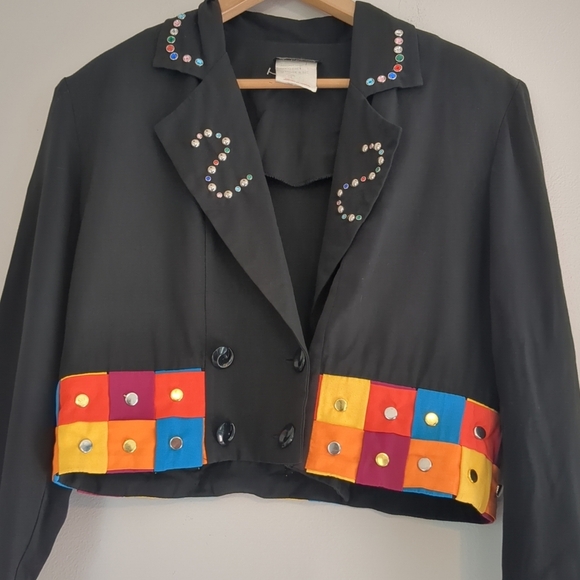 VTG Joseph Ribkoff Cropped Blazer 80s Colorful Embellished Women's SZ 12 Black - Picture 10 of 10